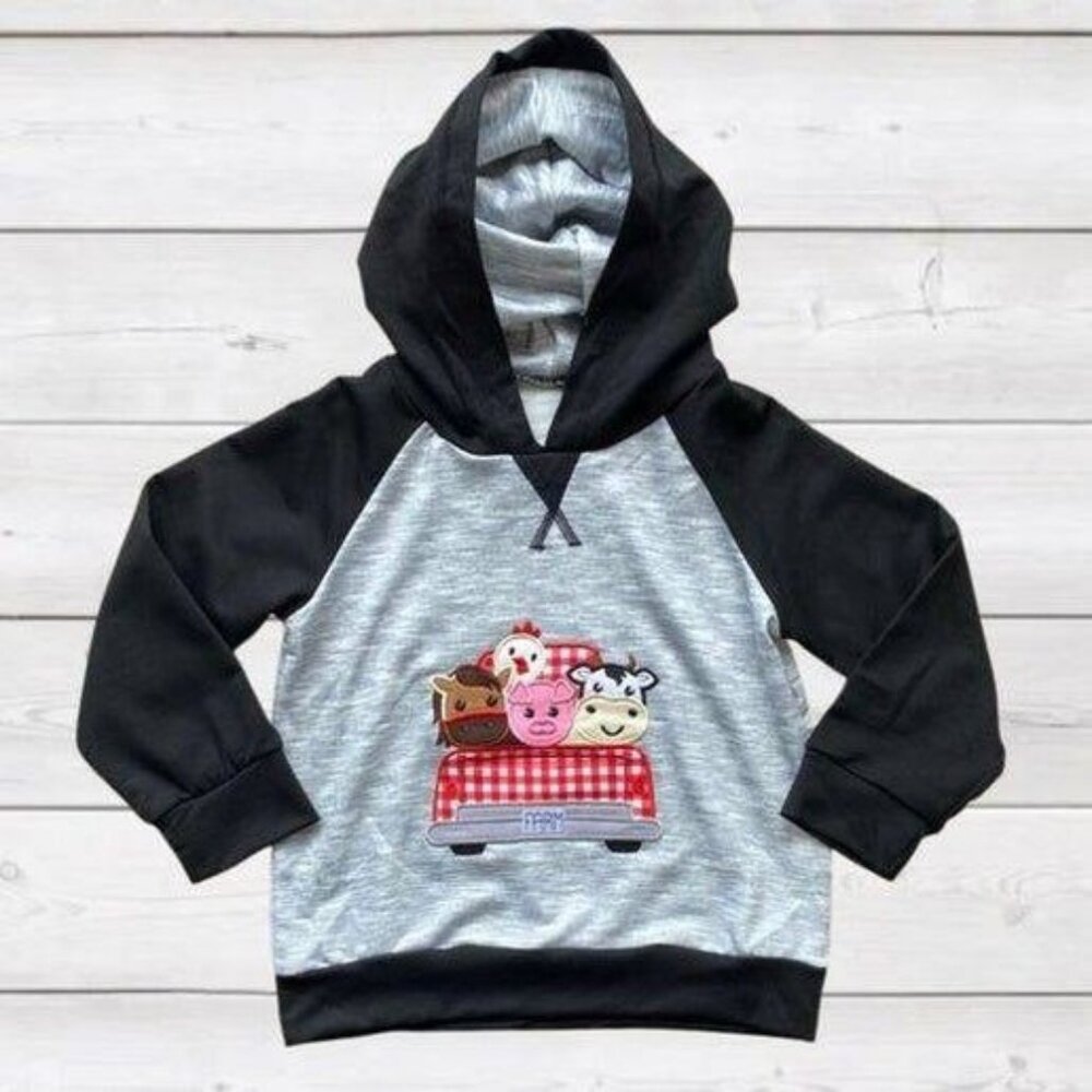 Whimsical Farm Friends Raglan Hoodie For Toddlers Black & Gray
